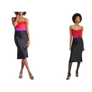 Express Satin Color Block Tier Midi Slip Dress Size S $98